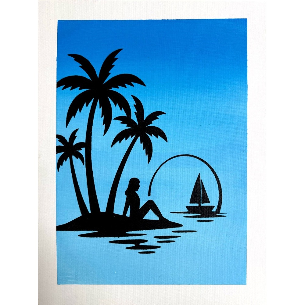 Papa Diouf Original Painting Tropical Sunset Palm Tree Blue 11x14 Excellent